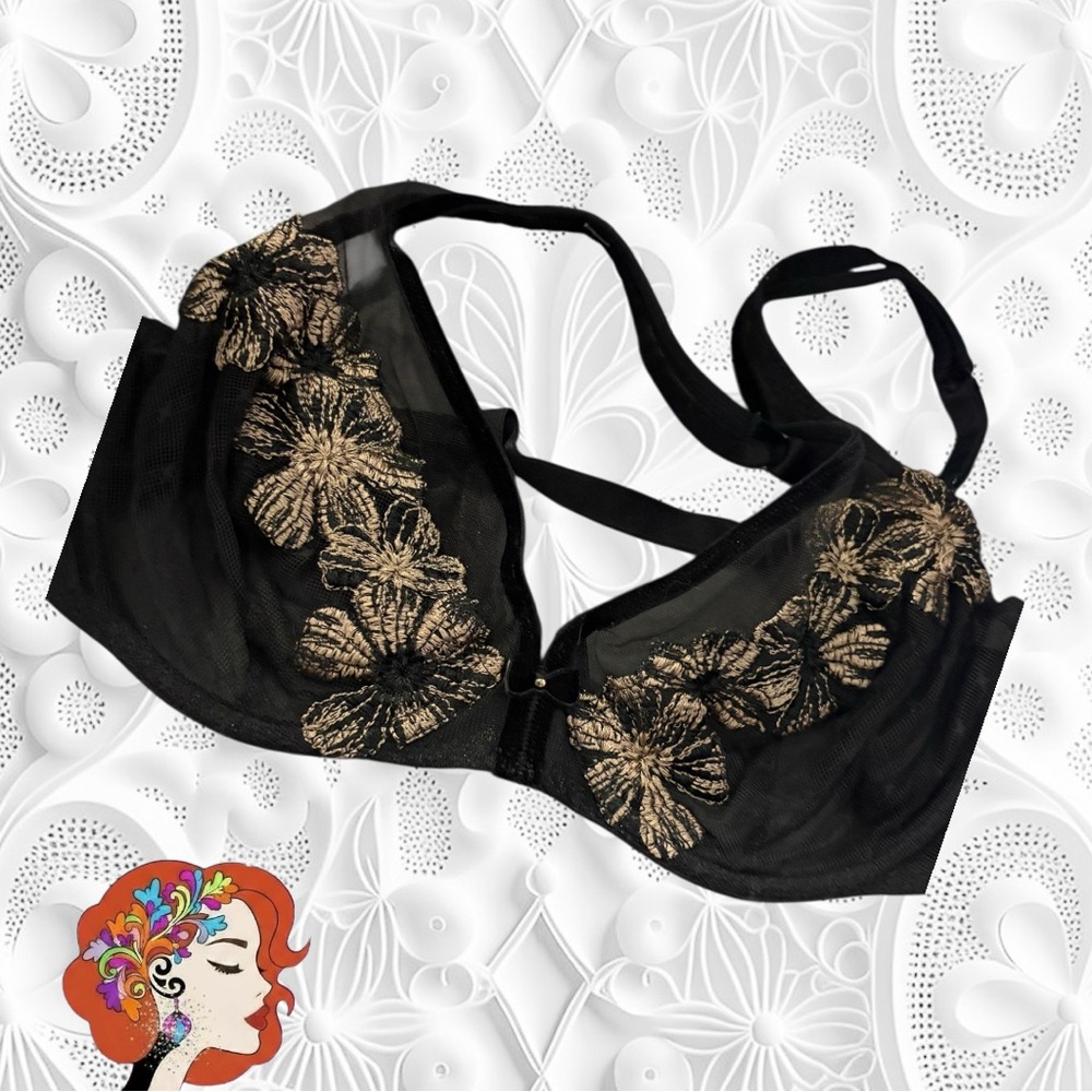 Black Underwire Bra with Gold Floral Embroidery and Sheer Panels